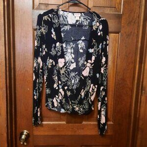 Black Blouse with Pale Blue & Pink Flowers